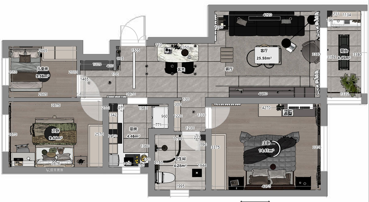蒋琛｜白云雅居21-202-88㎡-现代简约风格｜3室2厅1卫｜新房装修｜定制家｜全包11万｜00_03平面彩图